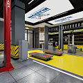 4S Auto Repair Workshop With Red Car Lift Yellow Floor Tool Racks Parts And Tires