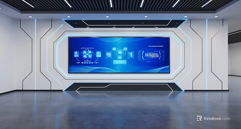 Modern Tech Interior With Large Blue Data Visualization Screen And Geometric Decor 3d model 