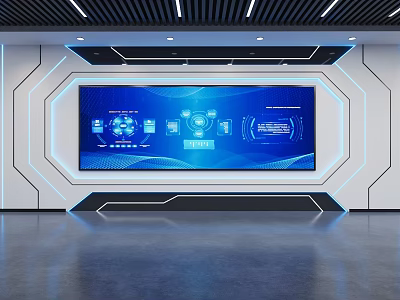 Modern Tech Interior With Large Blue Data Visualization Screen And Geometric Decor 3d model
