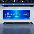 Modern Tech Interior With Large Blue Data Visualization Screen And Geometric Decor