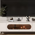 Modern Minimalist White TV Stand with Vase Figurines and Striped Background Wall