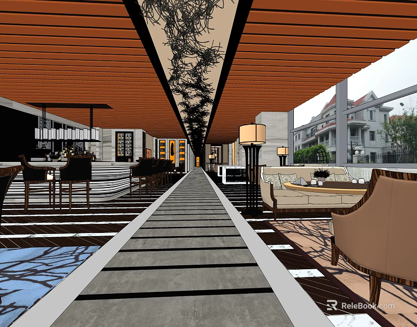 Elegant Outdoor Restaurant With Wooden Ceiling Lantern Lamps Tables Chairs And Pathway 3d model 