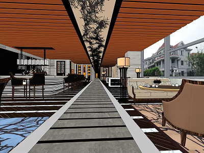 Elegant Outdoor Restaurant With Wooden Ceiling Lantern Lamps Tables Chairs And Pathway 3d model