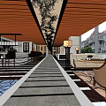 Elegant Outdoor Restaurant With Wooden Ceiling Lantern Lamps Tables Chairs And Pathway