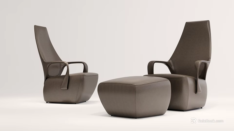 Modern Brown Leather Armchair Set With Single Sofa And Footstool 3d model 