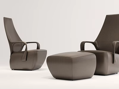 Modern Brown Leather Armchair Set With Single Sofa And Footstool 3d model