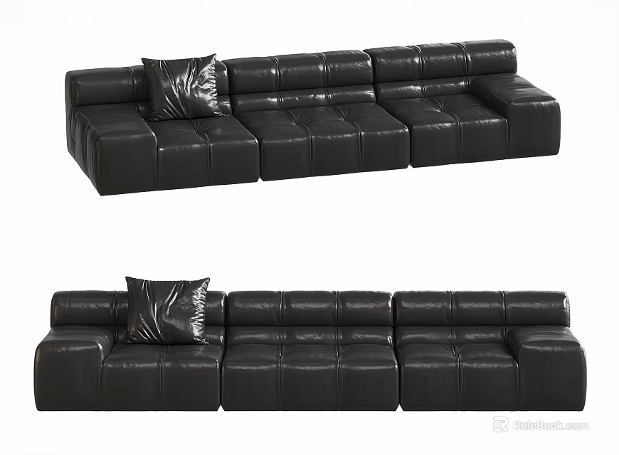 Black Leather Three Seater Sofa With Modern Design And Throw Pillow 3d model