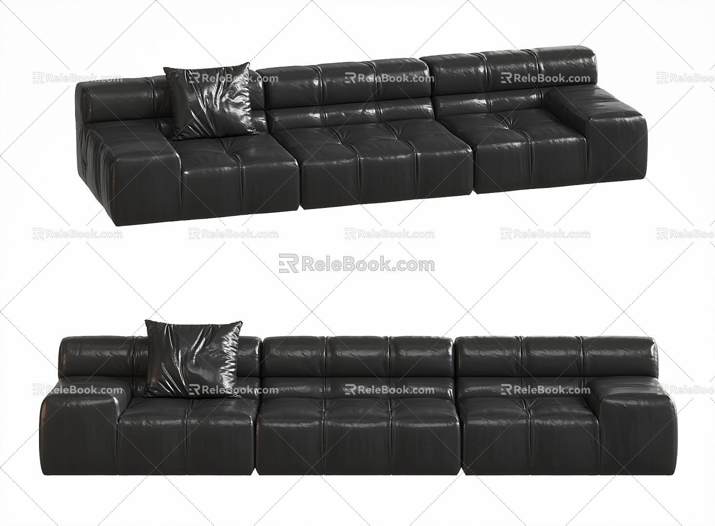 Multiplayer Sofa Simple Black Three-Seat Sofa With Armrests Leather Sofa Minimalist Sofa 3d model