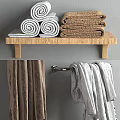 Laundry Essentials Bath Robes And Towels Hanging On Metal Hanger With Wooden Shelf