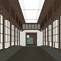 Elegant Clubhouse Interior With Wooden Lattice Windows Spacious Corridor Ceiling Beams And Elevator