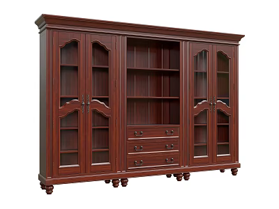 Elegant Traditional Dark Wooden Bookcase with Glass Doors Open Shelves and Drawers 3d model