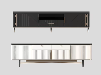 Modern Black and White TV Stand with Metal Legs and Storage Cabinets 3d model