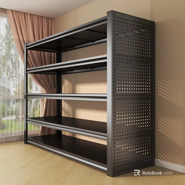 Black Metal Shelving Unit With Multiple Tiers And Perforated Design Against Wall Near Window Curtain 3d model 