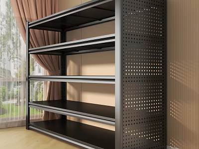 Black Metal Shelving Unit With Multiple Tiers And Perforated Design Against Wall Near Window Curtain 3d model