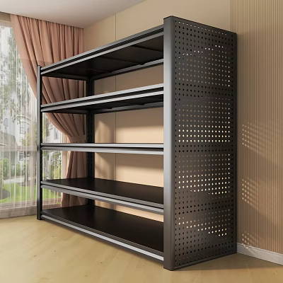 Black Metal Shelving Unit With Multiple Tiers And Perforated Design Against Wall Near Window Curtain 3d model