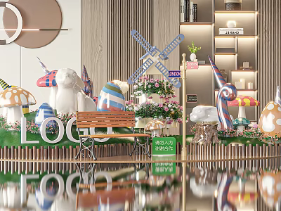 Colorful Decorative Scene With Mushrooms Eggs Bench Windmill Flowers And Mirrored Floor 3d model