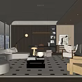 Modern Living Room Interior With Sofa Coffee Table Floor Lamp TV Geometric Rug And Wooden Armchair