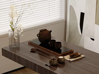 Classic Tea Set With Teapot And Cups On Wooden Table With Vase Flowers Beside Window 3d model