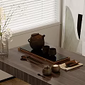 Classic Tea Set With Teapot And Cups On Wooden Table With Vase Flowers Beside Window