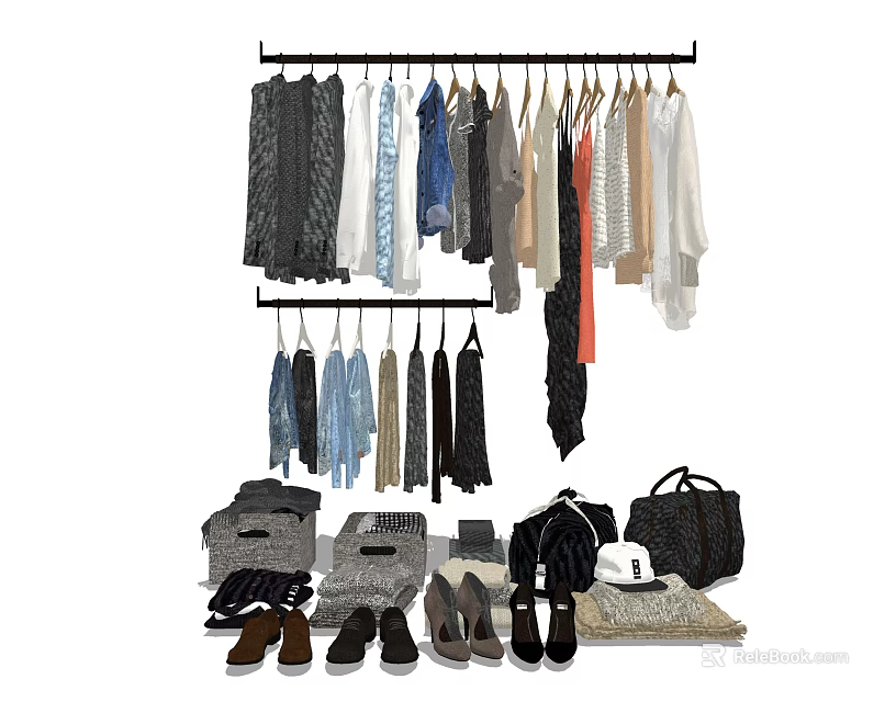 Clothes Hanging On A Rack With Various Styles Colors Bags Shoes And Scarves 3d model 
