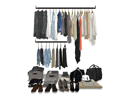 Clothes Hanging On A Rack With Various Styles Colors Bags Shoes And Scarves 3d model