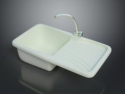 Modern White Kitchen Sink With Chrome Faucet And Grooved Draining Board 3d model