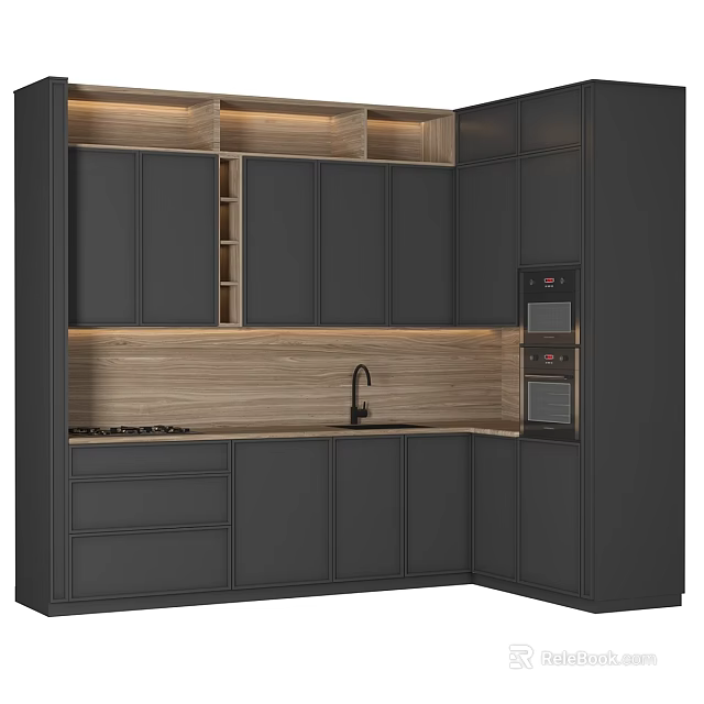 Modern Dark Gray Kitchen Cabinets with Wooden Countertop and Built-in Appliances 3d model 