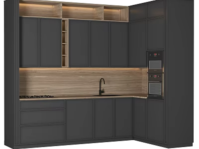 Modern Dark Gray Kitchen Cabinets with Wooden Countertop and Built-in Appliances 3d model