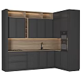 Modern Dark Gray Kitchen Cabinets with Wooden Countertop and Built-in Appliances