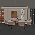 Modern Elegant Restaurant With Dining Table Chairs Artwork Wine Cabinet And Floor to Ceiling Windows