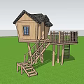 Elevated Wooden Cabin With Staircase And Railing In Grassy Backyard For Children Play