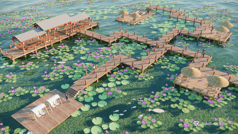 Waterfront Landscape With Wooden Boardwalks Purple Water Lilies Green Lotus Leaves And Floating Platforms 3d model 