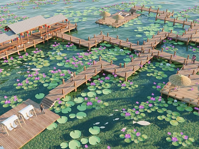 Waterfront Landscape With Wooden Boardwalks Purple Water Lilies Green Lotus Leaves And Floating Platforms 3d model