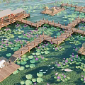 Waterfront Landscape With Wooden Boardwalks Purple Water Lilies Green Lotus Leaves And Floating Platforms