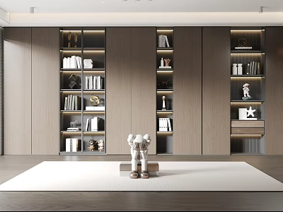 Modern Wooden Bookcase Interior With Open Shelves Books And Decor Items 3d model