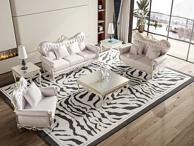 Elegant Carved Sofa Coffee Table Set With Zebra Print Rug And Wooden Floor 3d model