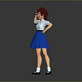 Child With Red Hair And Red Headband Posing In White Shirt And Blue Skirt