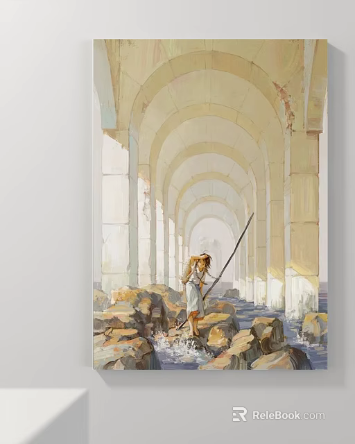 Abstract Painting of Arched Passage with Figure Long Staff Stones Puddles and Light Through Arches 3d model 