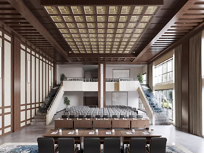Elegant Modern Conference Room Interior With Wooden Grid Ceiling Conference Tables Chairs And Large Windows 3d model
