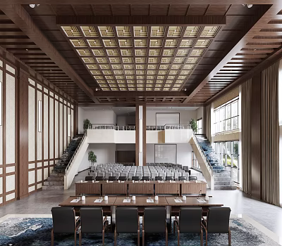 Elegant Modern Conference Room Interior With Wooden Grid Ceiling Conference Tables Chairs And Large Windows 3d model