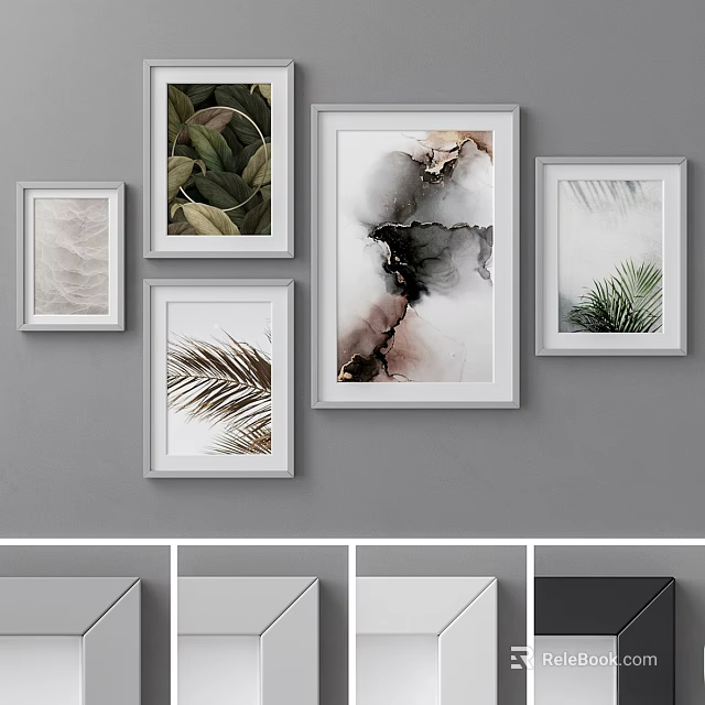 Decorative Wall Frames with Plant Prints and Abstract Art on Gray Wall 3d model 