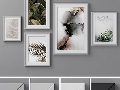 Decorative Wall Frames with Plant Prints and Abstract Art on Gray Wall 3d model