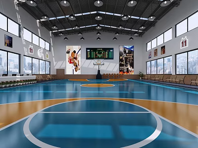 Modern Basketball Gymnasium With Blue Orange Court Floor White Lines Hoop Seating And Posters 3d model
