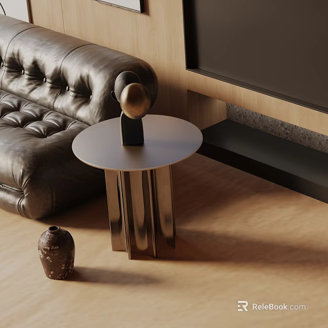 Modern Metal Side Table with Round Top Next to Black Leather Sofa and Gold Sphere Decor 3d model 