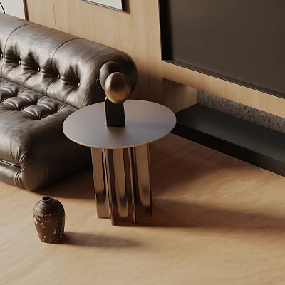 Modern Metal Side Table with Round Top Next to Black Leather Sofa and Gold Sphere Decor 3d model
