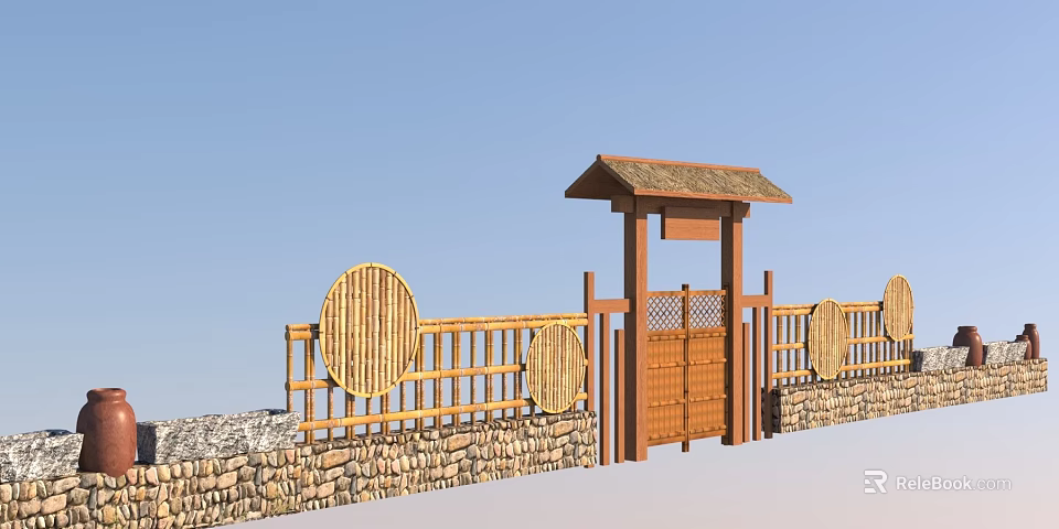 Traditional Roofed Entrance With Stone Wall Bamboo Fence Circular Decorations And Wooden Gate 3d model 