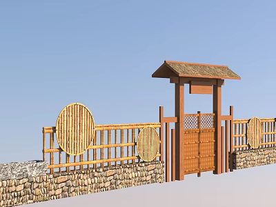 Traditional Roofed Entrance With Stone Wall Bamboo Fence Circular Decorations And Wooden Gate 3d model