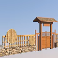 Traditional Roofed Entrance With Stone Wall Bamboo Fence Circular Decorations And Wooden Gate