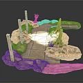 Detailed 3D Model of Stone Path with Wooden Posts and Rock Elements
