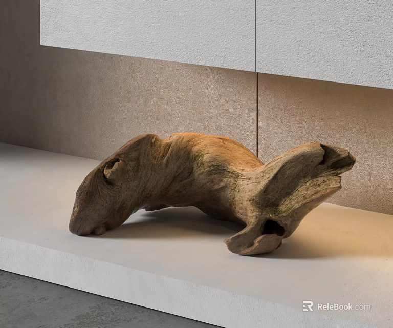 Natural Form Wooden Sculpture Displayed On White Platform Against Light Wall 3d model 